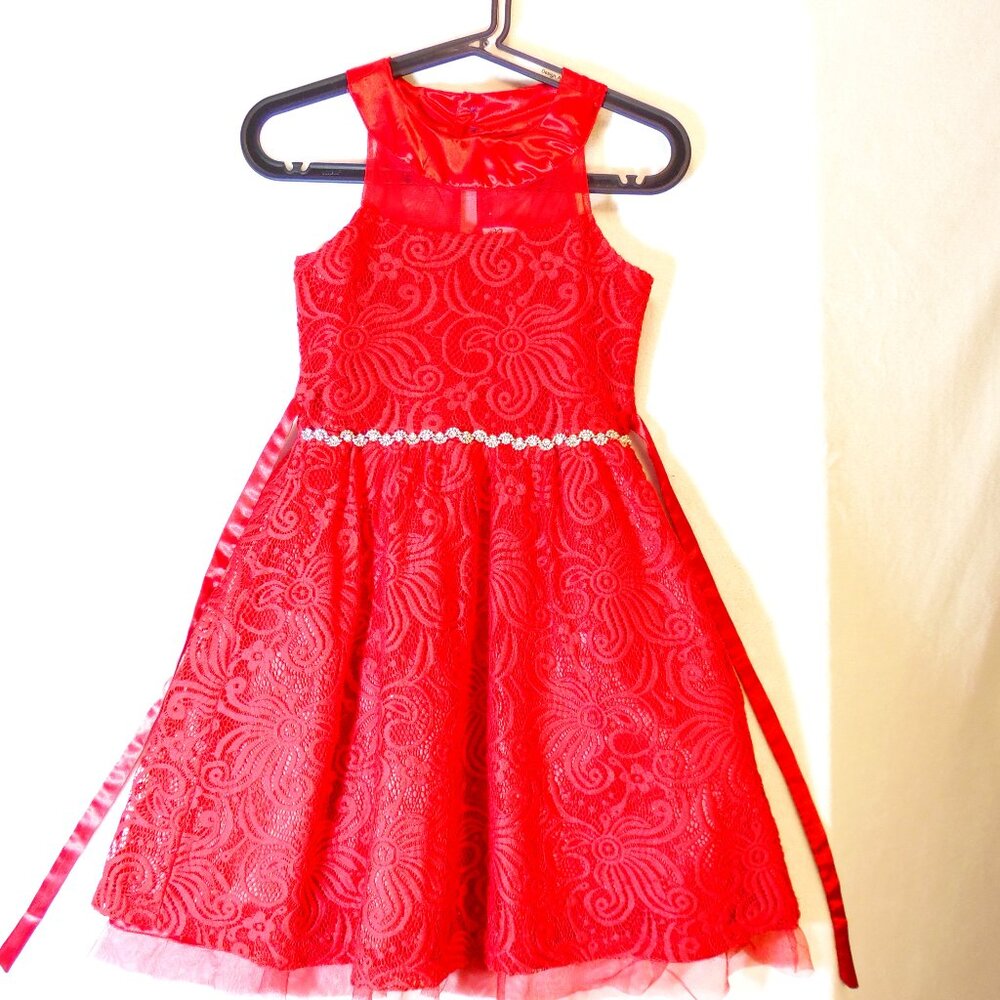 Nannette Dress Girls 12 Red Floral Rhinestones Party Christmas Birthday EUC